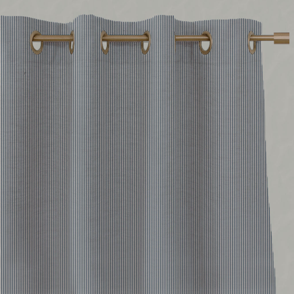 Blue Striped Linen Eyelet Curtains - Pinni Denim - Natural base fabric.