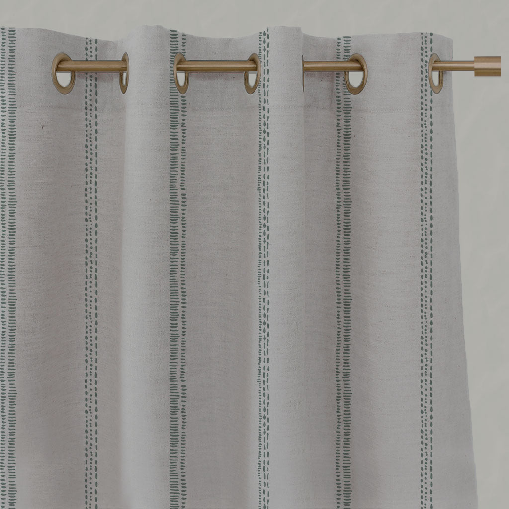 Green Striped Linen Eyelet Curtains - Rae Sage - Natural base fabric.