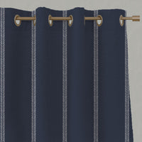 Blue Striped Linen Eyelet Curtains - Rana Deep Blue - Natural base fabric.