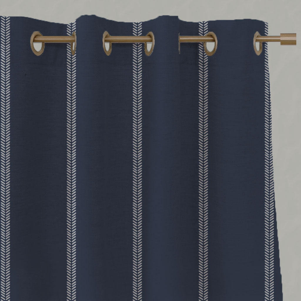 Blue Striped Linen Eyelet Curtains - Rana Deep Blue - Natural base fabric.