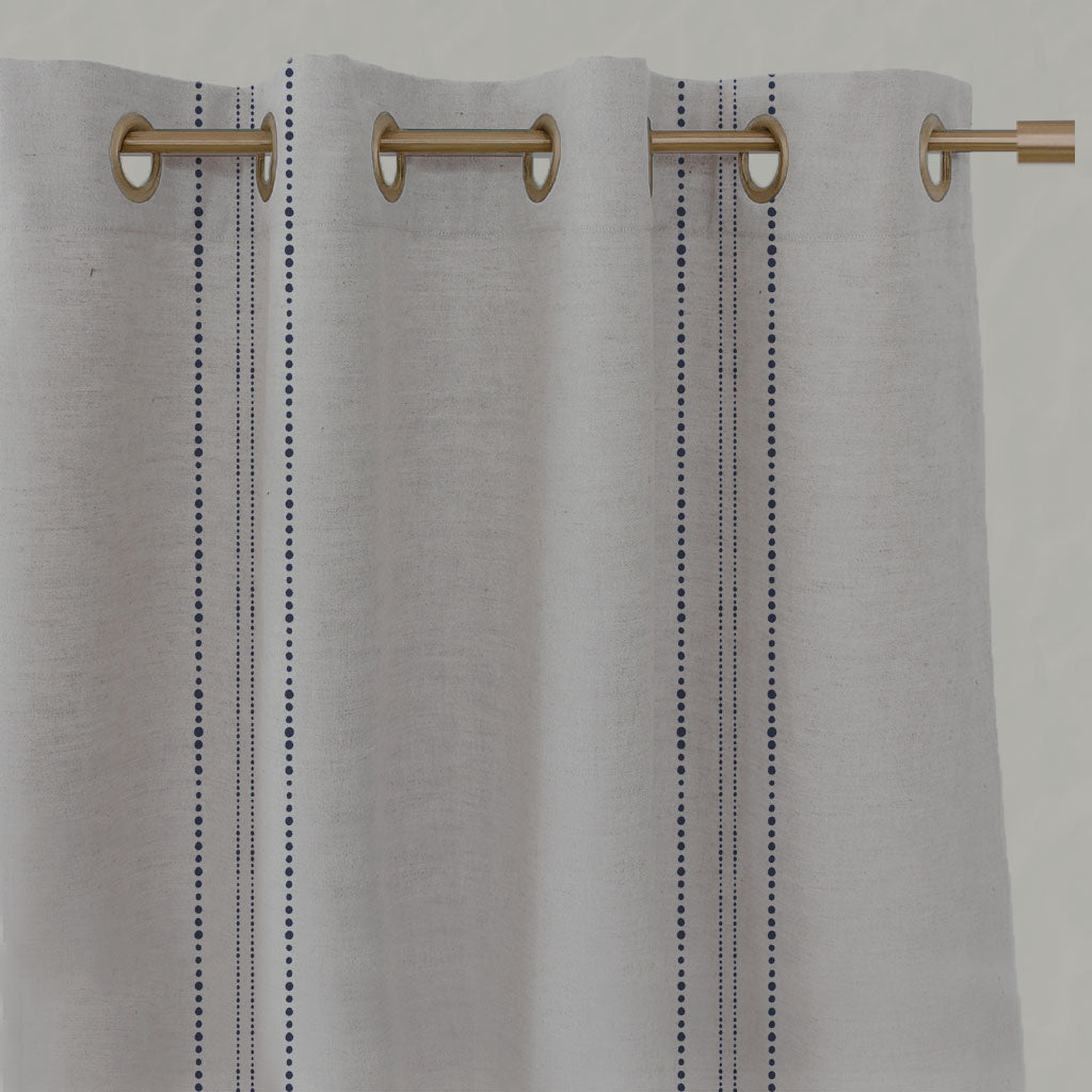Blue Striped Linen Eyelet Curtains - Reyna Deep Blue - Natural base fabric.