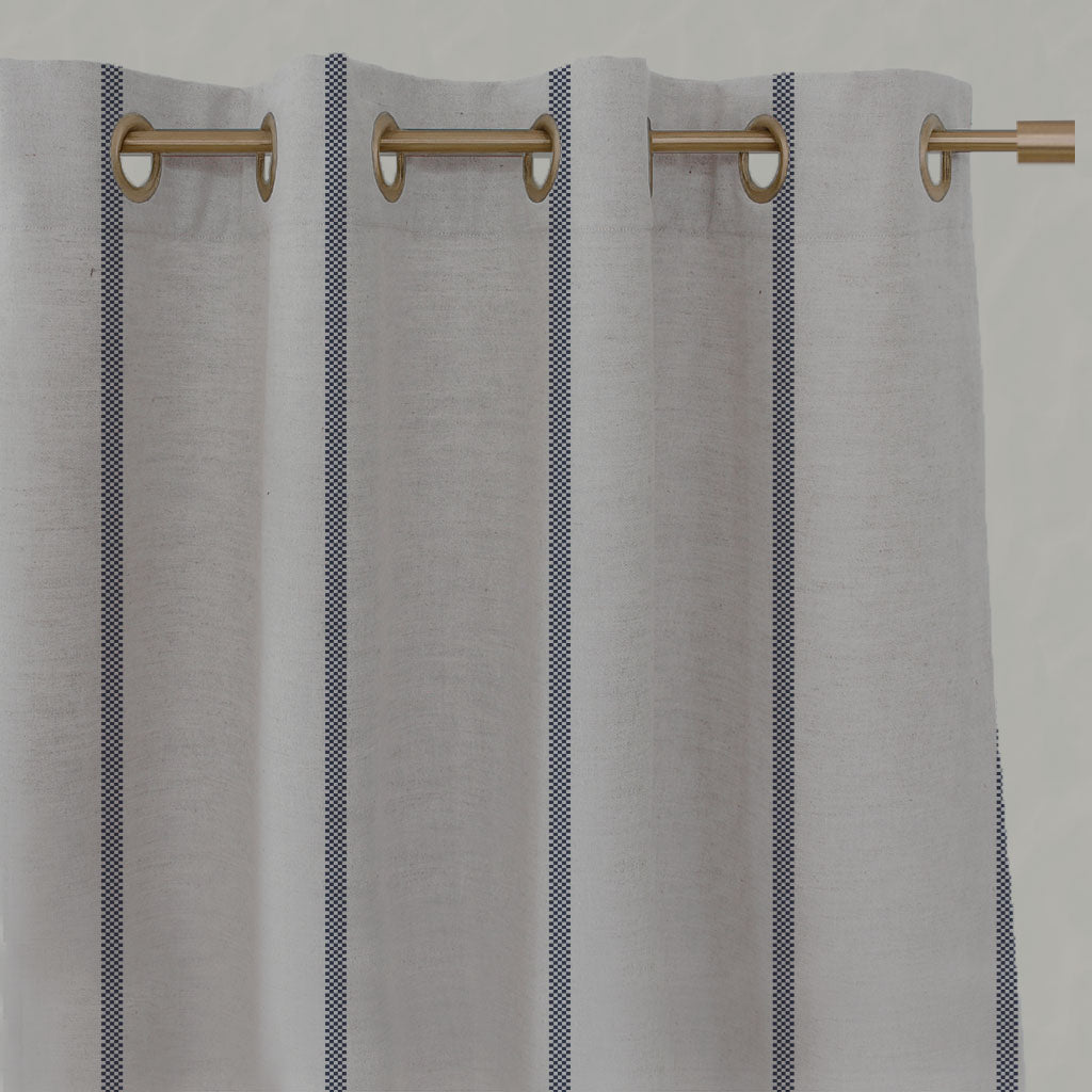 Blue Striped Linen Eyelet Curtains - Ronja Deep Blue - Natural base fabric.