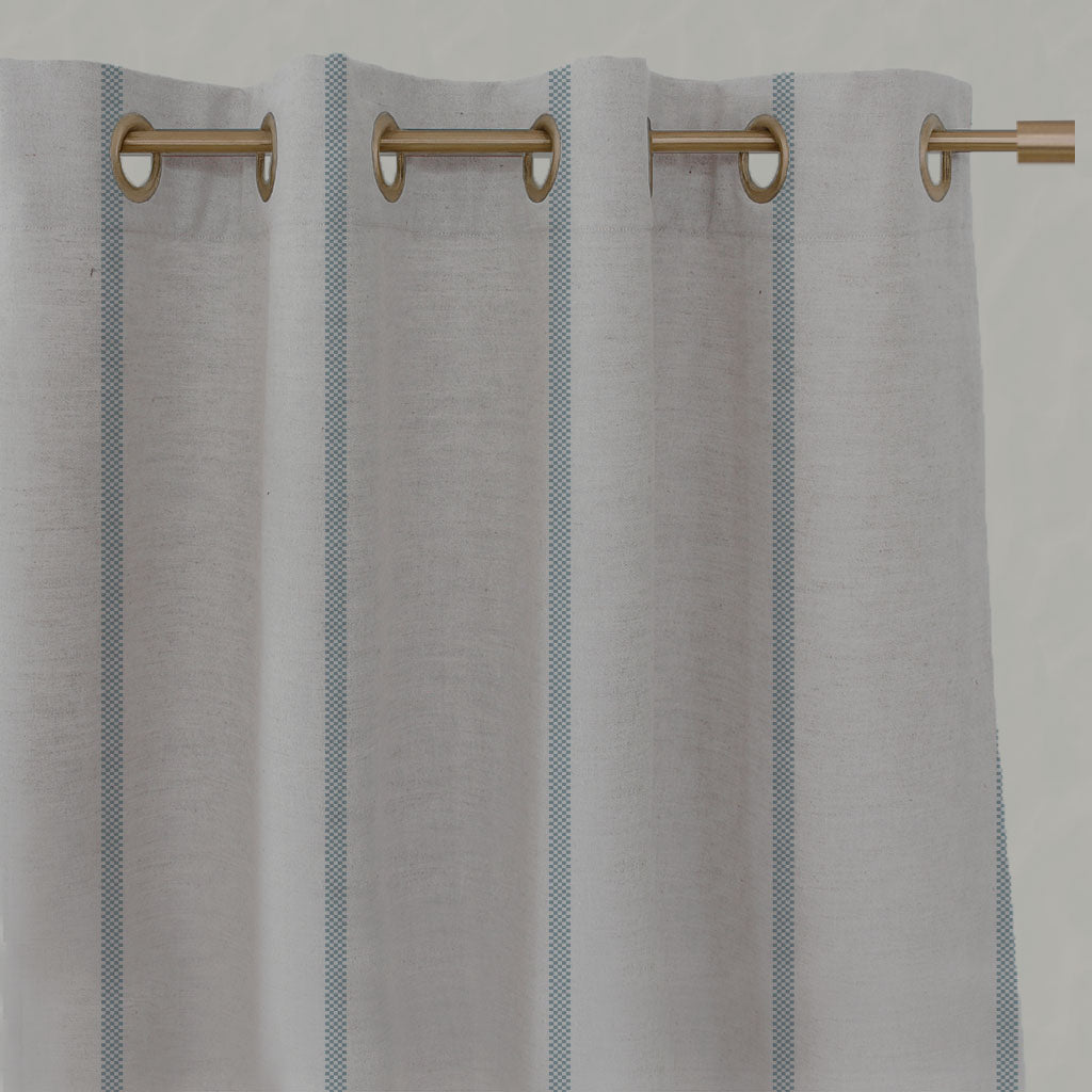 Blue Striped Linen Eyelet Curtains - Ronja Sky - Natural base fabric.