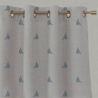 Blue Patterned Linen Eyelet Curtains - Sail True Blue - Natural base fabric.