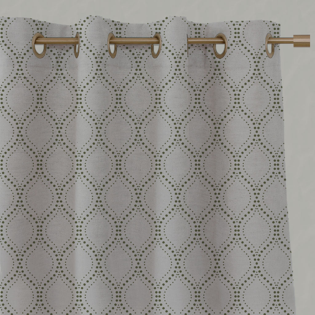 Green Patterned Linen Eyelet Curtains - Sara-NAT Khaki - Natural base fabric.