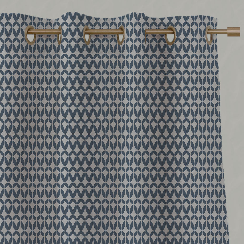 Blue Patterned Linen Eyelet Curtains - Siruna Denim - Natural base fabric.