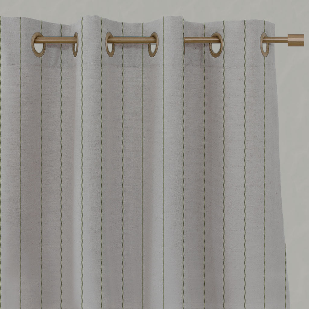 Green Striped Linen Eyelet Curtains - Solveig Leaf - Natural base fabric.
