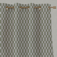 Green Checked Linen Eyelet Curtains - Sunni Khaki - Natural base fabric.