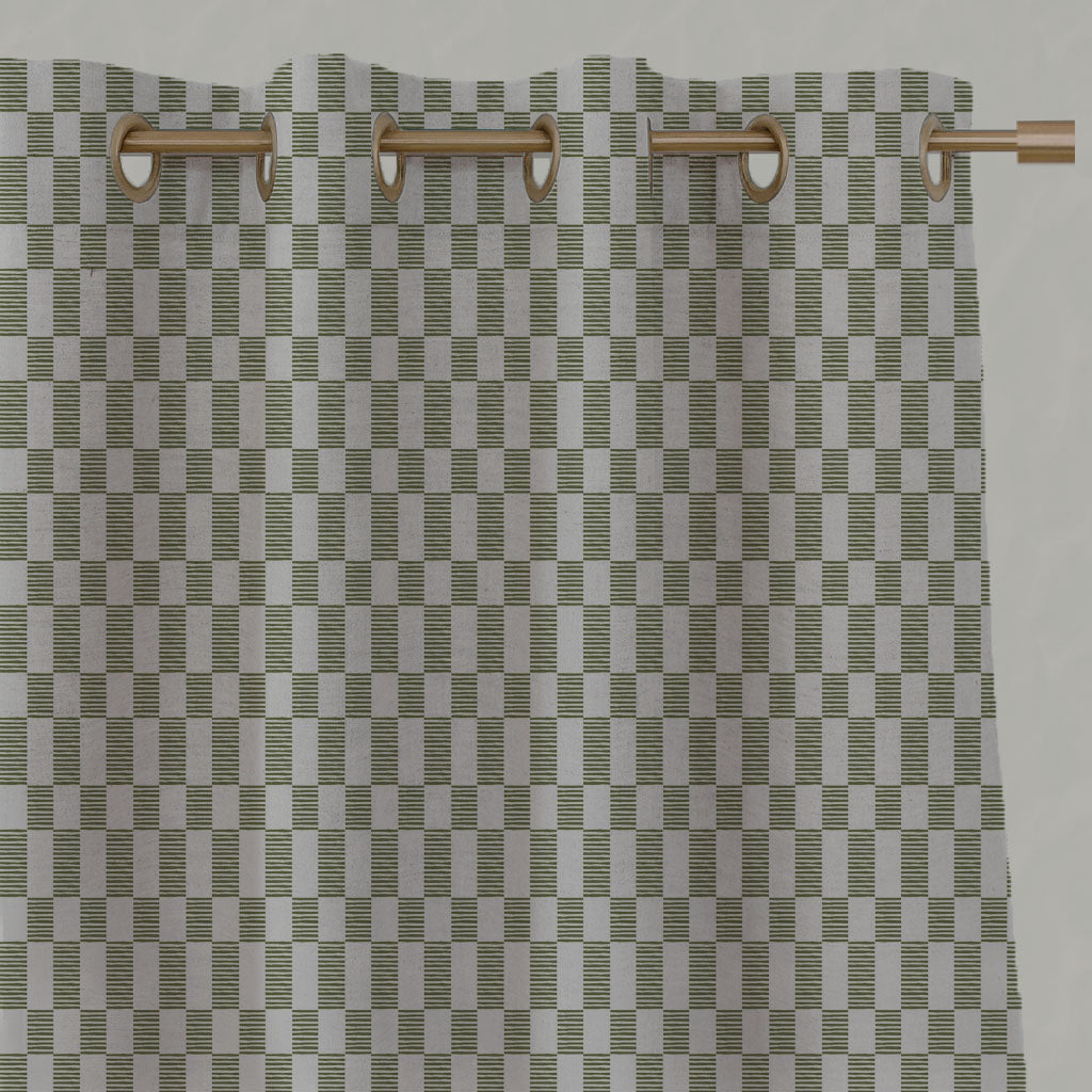Green Checked Linen Eyelet Curtains - Sunni Khaki - Natural base fabric.