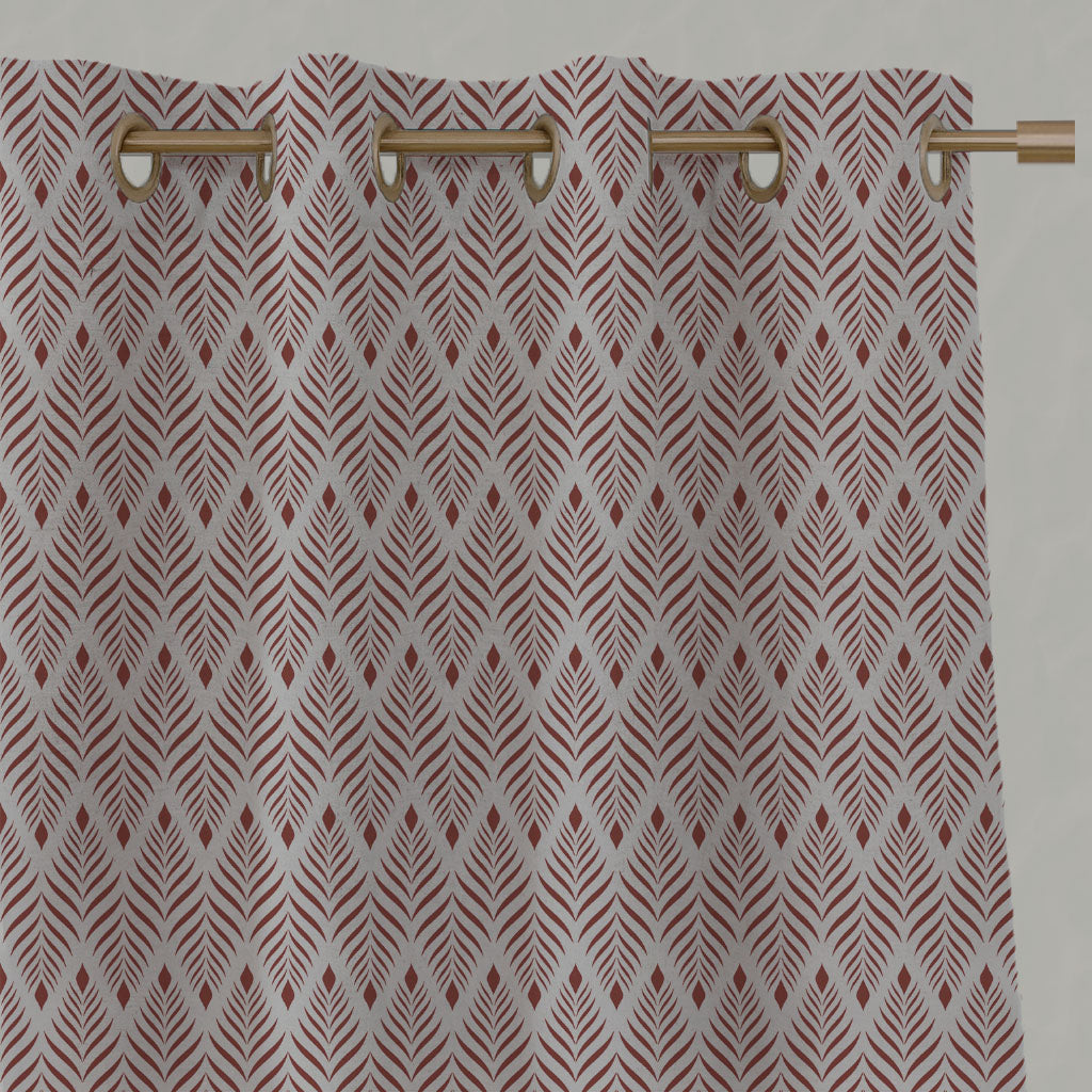 Red Patterned Linen Eyelet Curtains - Sylvia Crimson Red - Natural base fabric.