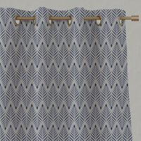 Blue Patterned Linen Eyelet Curtains - Sylvia Night Blue - Natural base fabric.