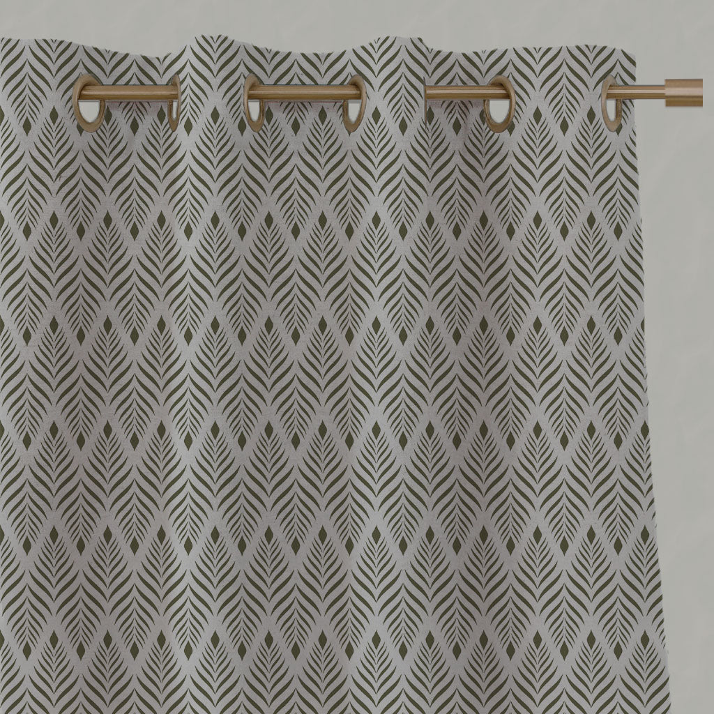 Green Patterned Linen Eyelet Curtains - Sylvia Seaweed - Natural base fabric.