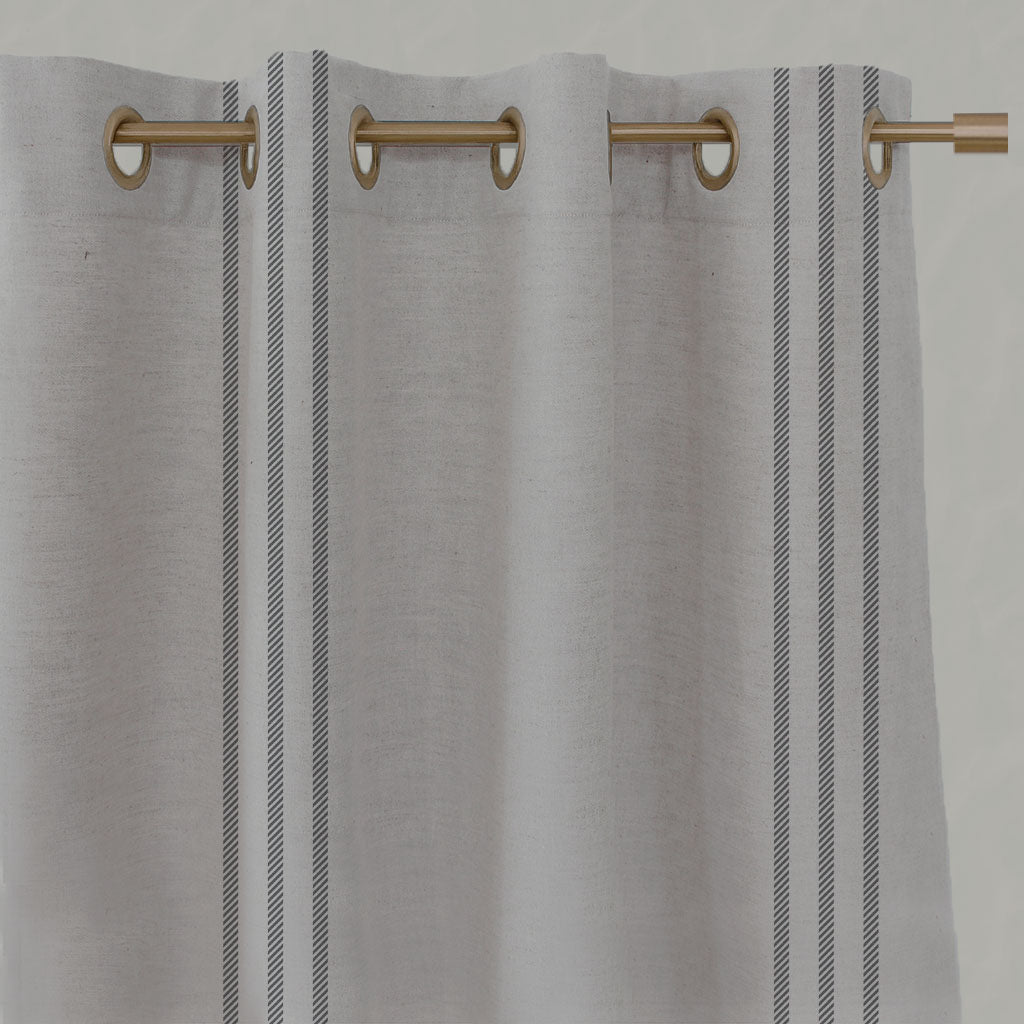 Grey Striped Linen Eyelet Curtains - Telma Ash - Natural base fabric.