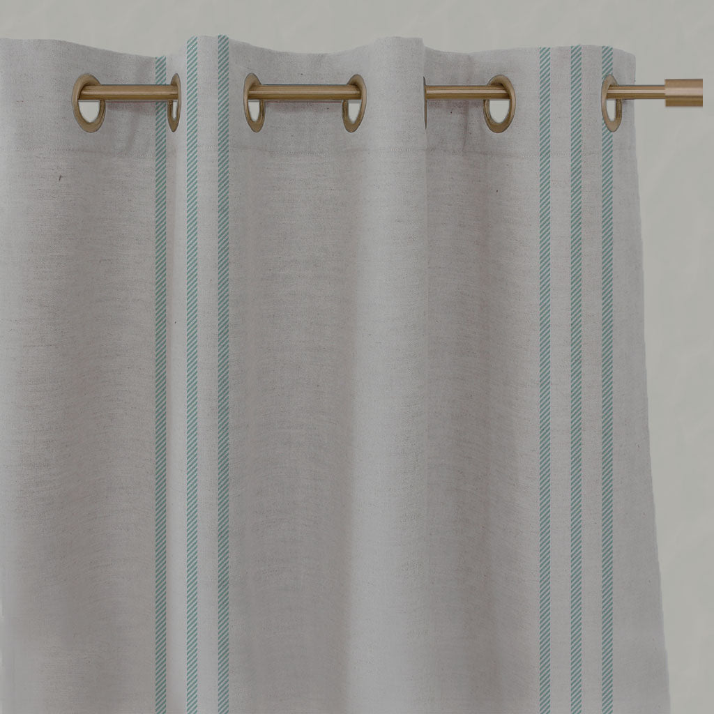 Blue Striped Linen Eyelet Curtains - Telma Duckegg - Natural base fabric.