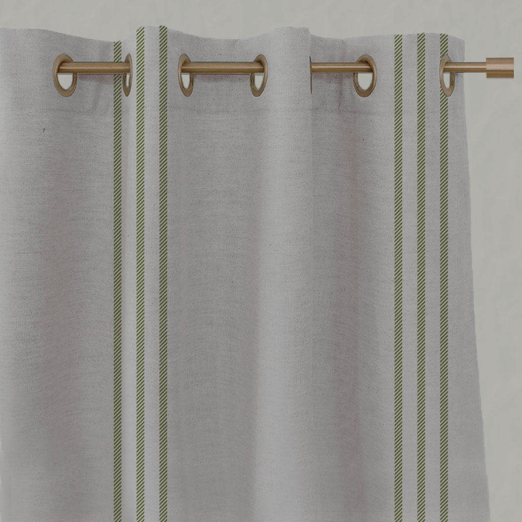 Green Striped Linen Eyelet Curtains - Telma Leaf - Natural base fabric.