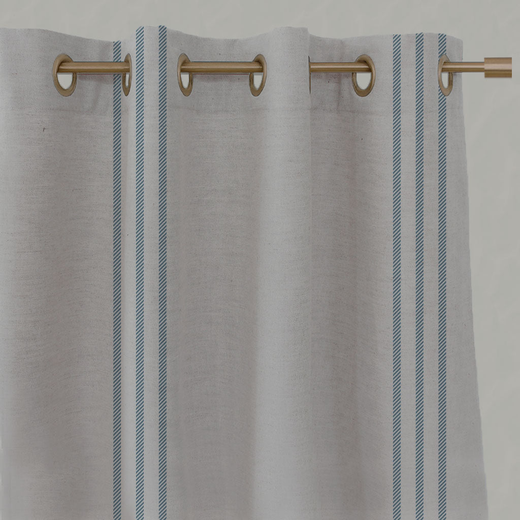 Blue Striped Linen Eyelet Curtains - Telma True Blue - Natural base fabric.