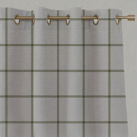 Green Checked Linen Eyelet Curtains - Tove Khaki - Natural base fabric.