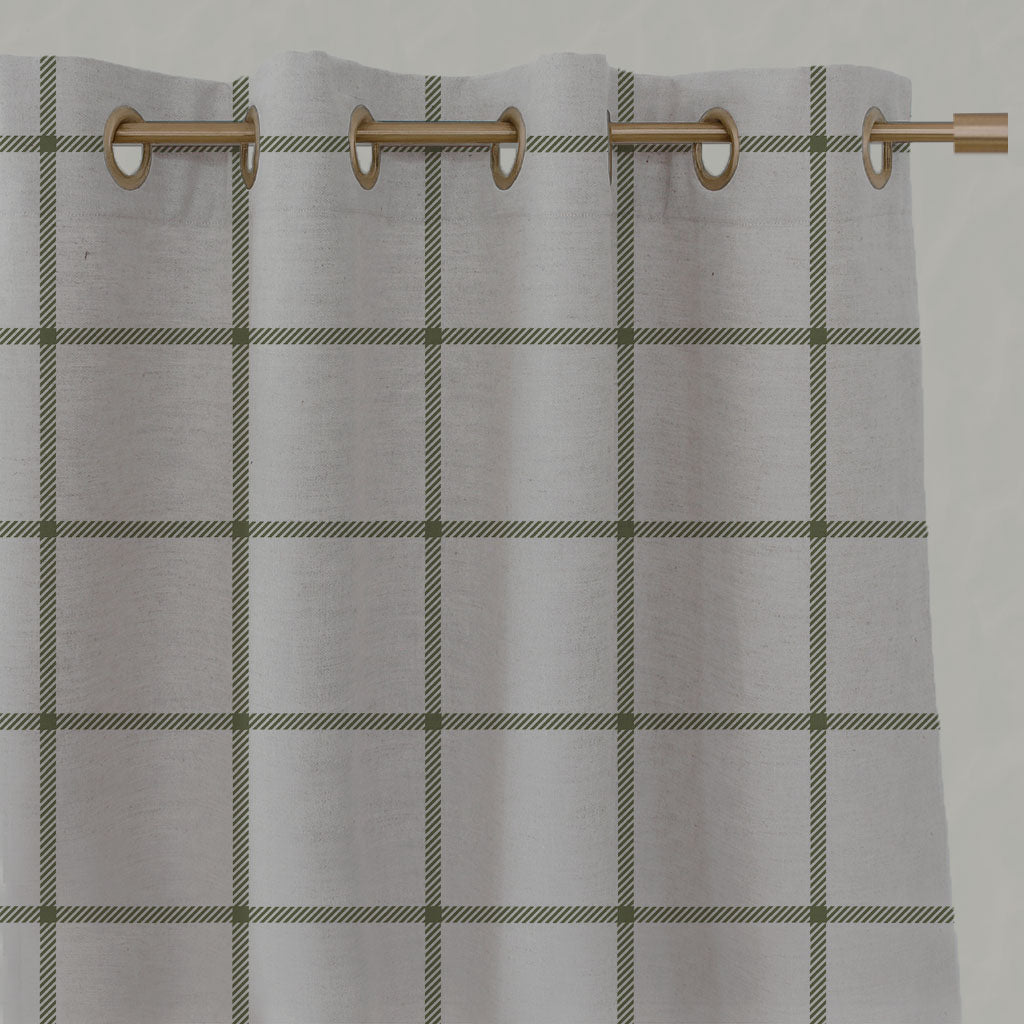 Green Checked Linen Eyelet Curtains - Tove Khaki - Natural base fabric.