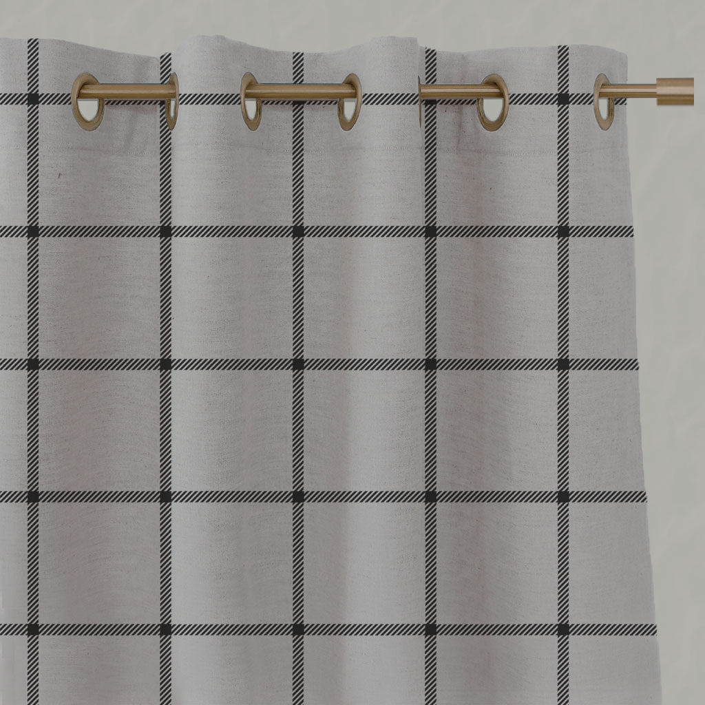 Black Checked Linen Eyelet Curtains - Tove Noir - Natural base fabric.