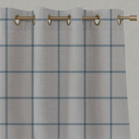 Blue Checked Linen Eyelet Curtains - Tove True Blue - Natural base fabric.