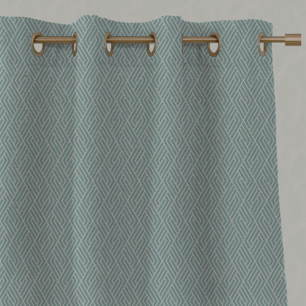 Blue Patterned Linen Eyelet Curtains - Vera Duck Egg - Natural base fabric.