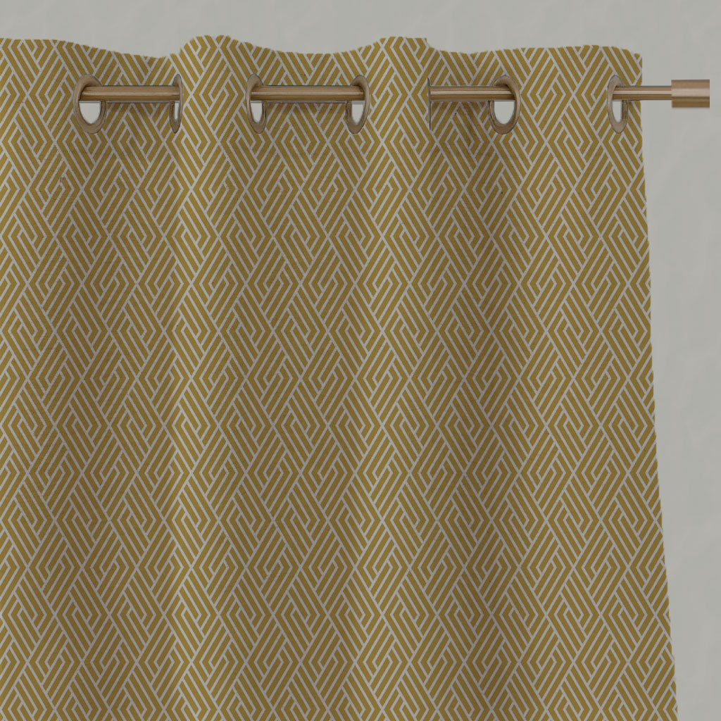 Yellow Patterned Linen Eyelet Curtains - Vera Mustard - Natural base fabric.