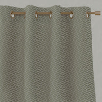 Green Patterned Linen Eyelet Curtains - Vera Olive - Natural base fabric.