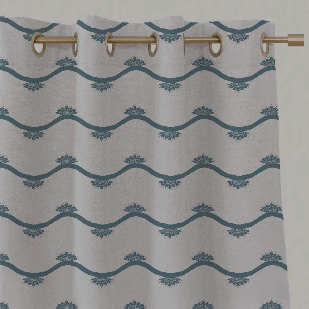 Blue Abstract Linen Eyelet Curtain - Nelani Blue Stone - Natural base fabric.