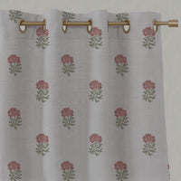Red Floral Linen Eyelet Curtain - Pearlie Crimson Red - Natural base fabric.