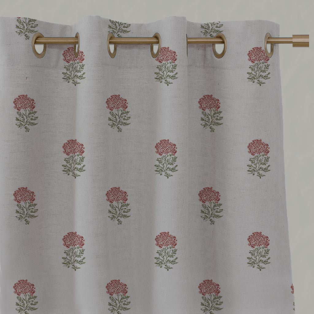 Red Floral Linen Eyelet Curtain - Pearlie Crimson Red - Natural base fabric.