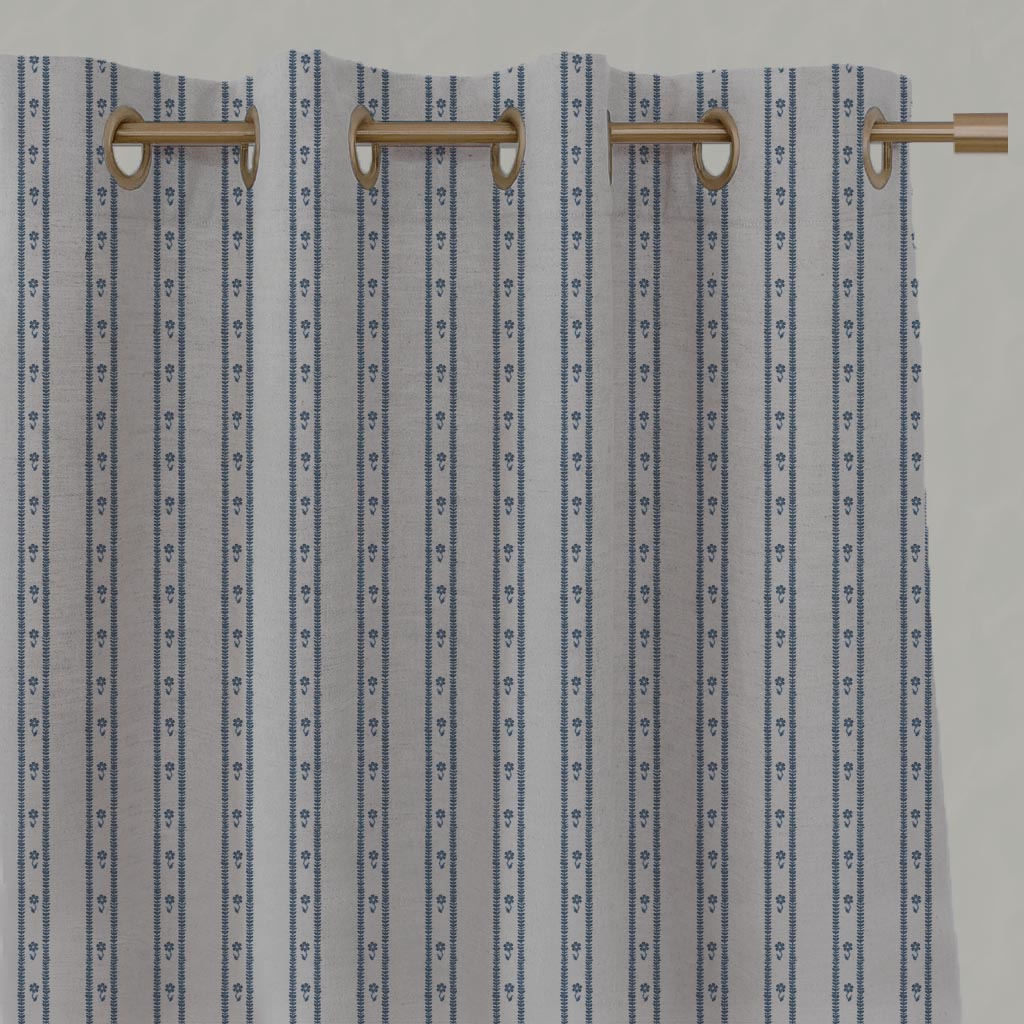 Blue Floral Stripe Linen Eyelet Curtain - Silvian Denim - Natural base fabric.