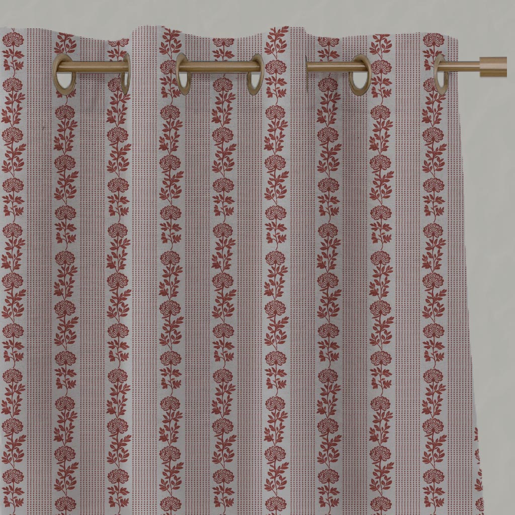 Red Floral Stripe Linen Eyelet Curtain - Skye Crimson Red - Natural base fabric.