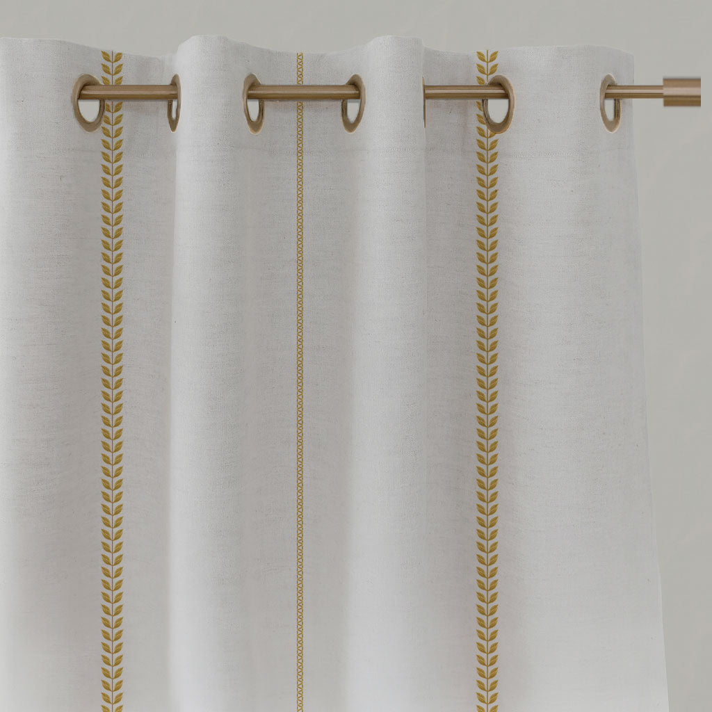 Orange / Yellow Striped Linen Eyelet Curtains - Berit Gold Rod - White base fabric.