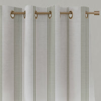 Green Striped Linen Eyelet Curtains - Brea Moss-WHT - White base fabric.