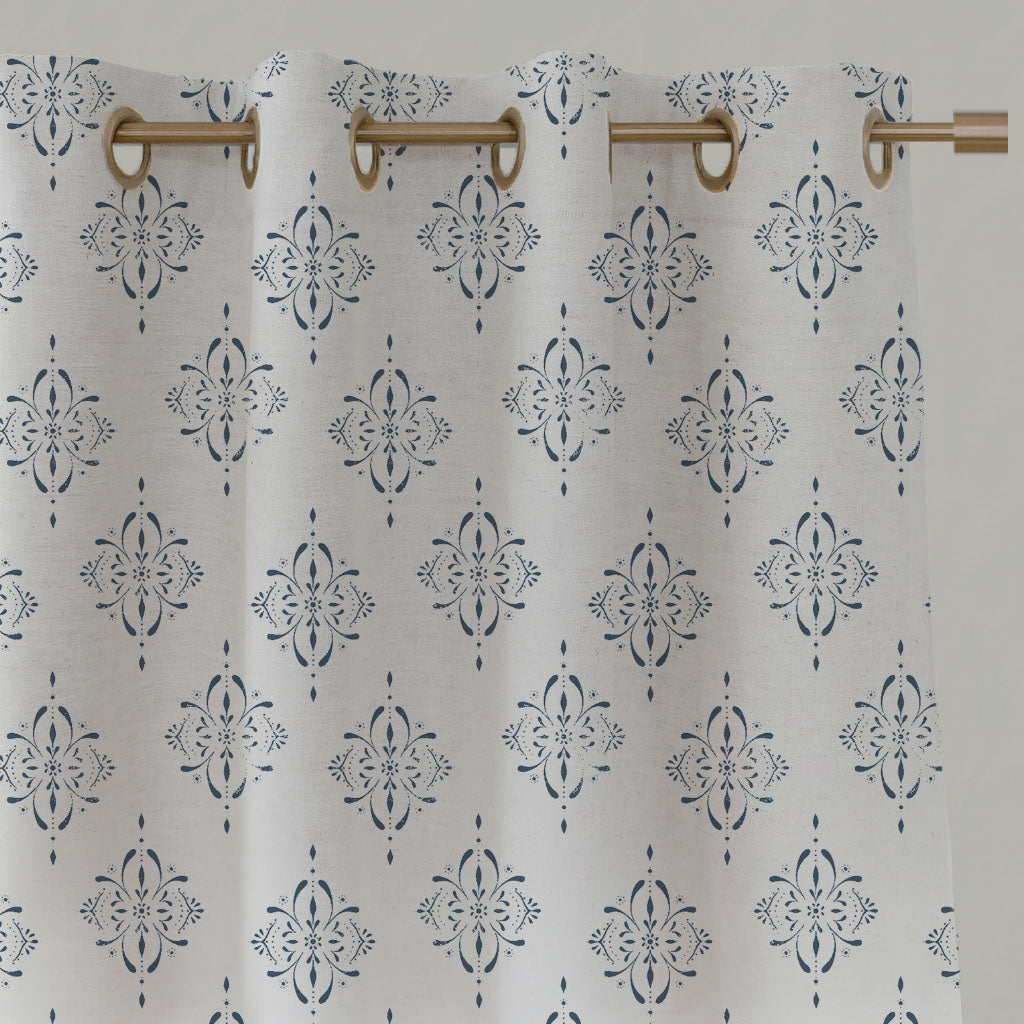 Blue Patterned Linen Eyelet Curtains - Britt Ink - White base fabric.