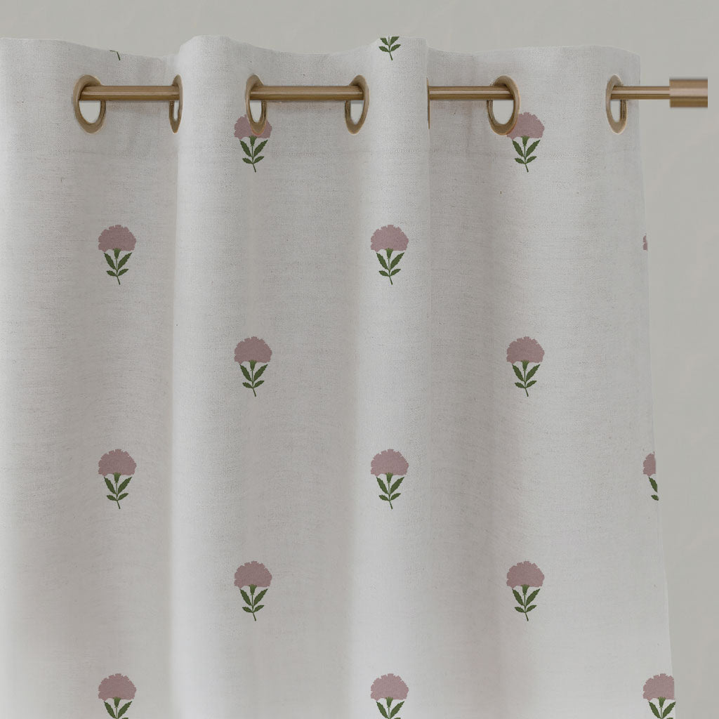 Pink Patterned Linen Eyelet Curtains - Cheyenne Pink - White base fabric.