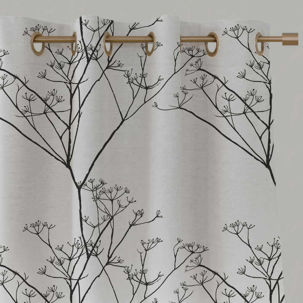 Black Floral Linen Eyelet Curtains - Cicely Black - White base fabric.