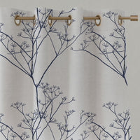 Blue Floral Linen Eyelet Curtains - Cicely Deep Blue - White base fabric.