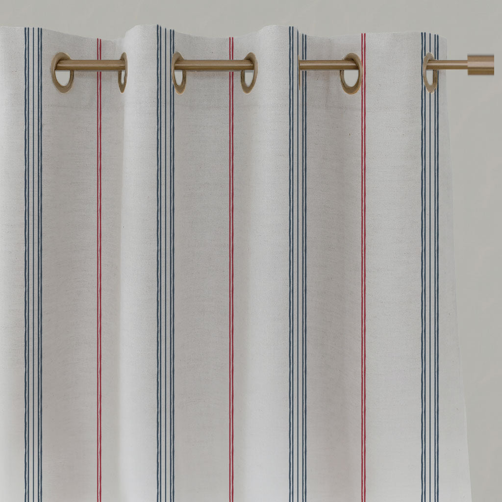 Red / Blue Striped Linen Eyelet Curtains - Elise Red-Ink-WHT - White base fabric.