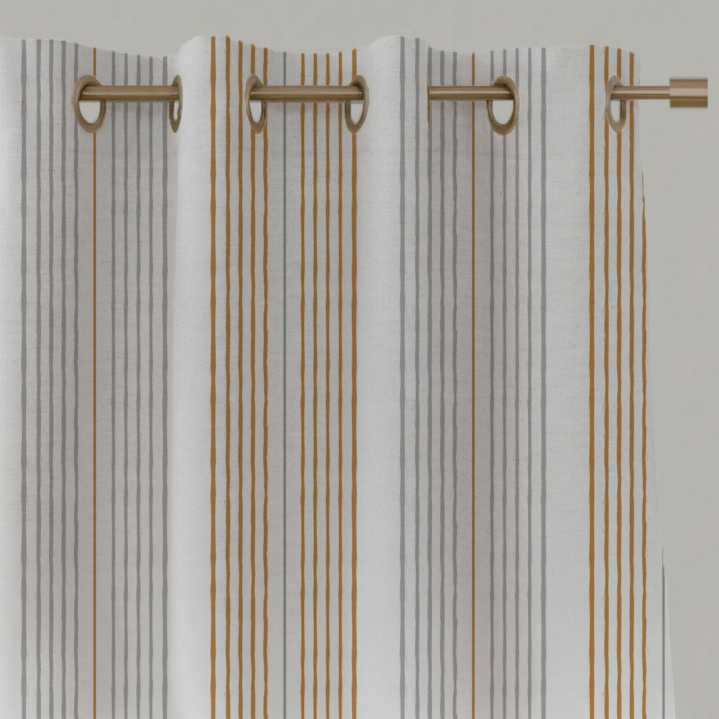 Yellow Striped Linen Eyelet Curtains - Else Gold Rod - WHT - White base fabric.