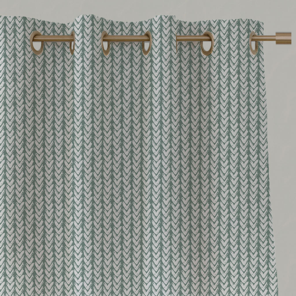 Green Patterned Linen Eyelet Curtains - Fia Sage - White base fabric.