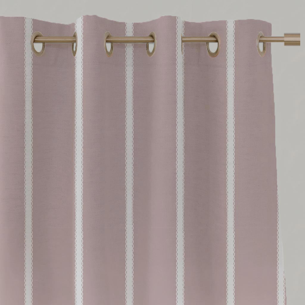 Pink Striped Linen Eyelet Curtain - Franny Peony-WHT - White base fabric.