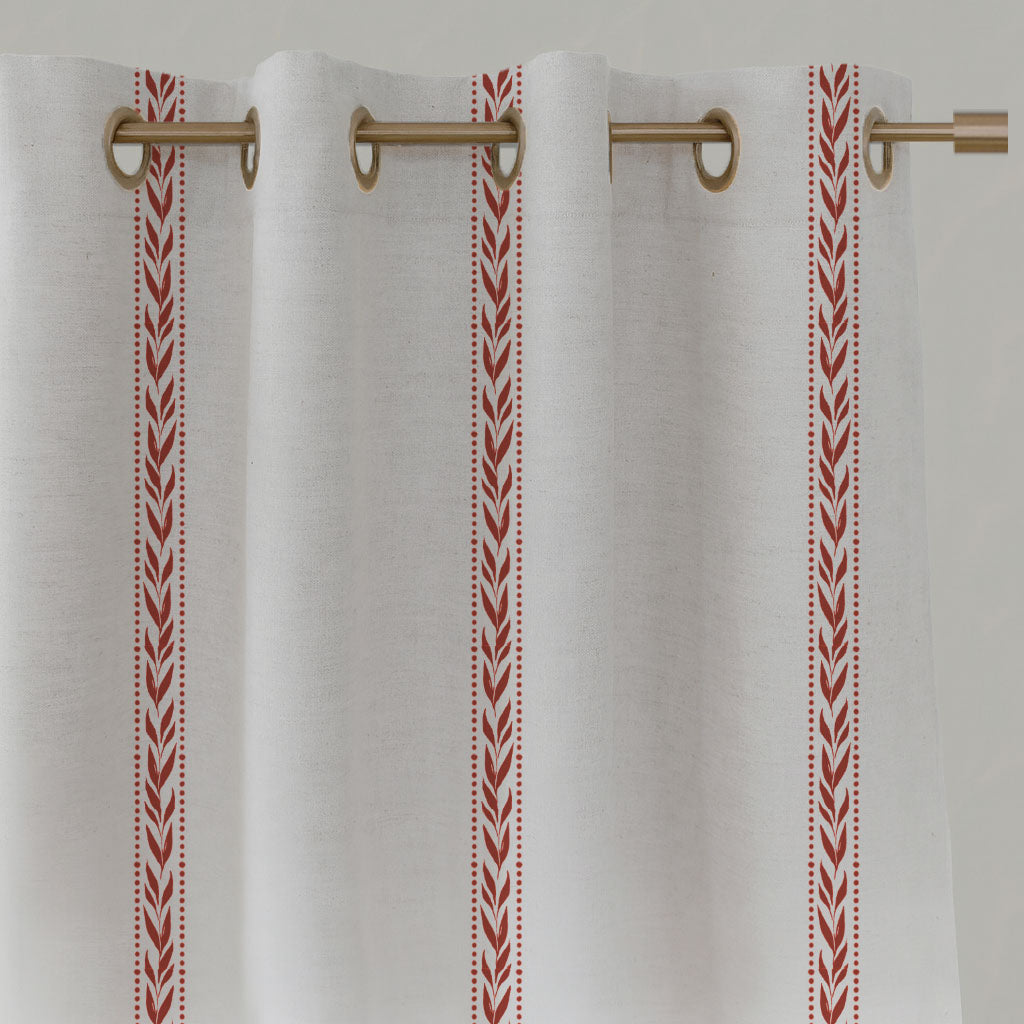 Red Striped Linen Eyelet Curtains - Helena Crimson Red - White base fabric.