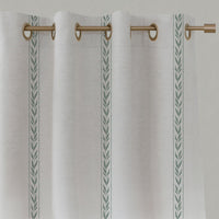 Green Striped Linen Eyelet Curtains - Helena Meadow - White base fabric.