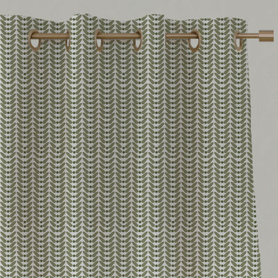 Green Patterned Linen Eyelet Curtains - Hilda Moss - White base fabric.