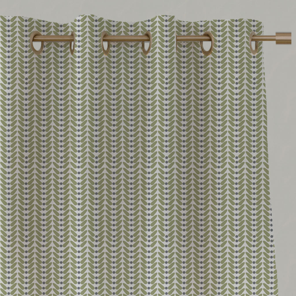 Green Patterned Linen Eyelet Curtains - Hilda Olive - White base fabric.