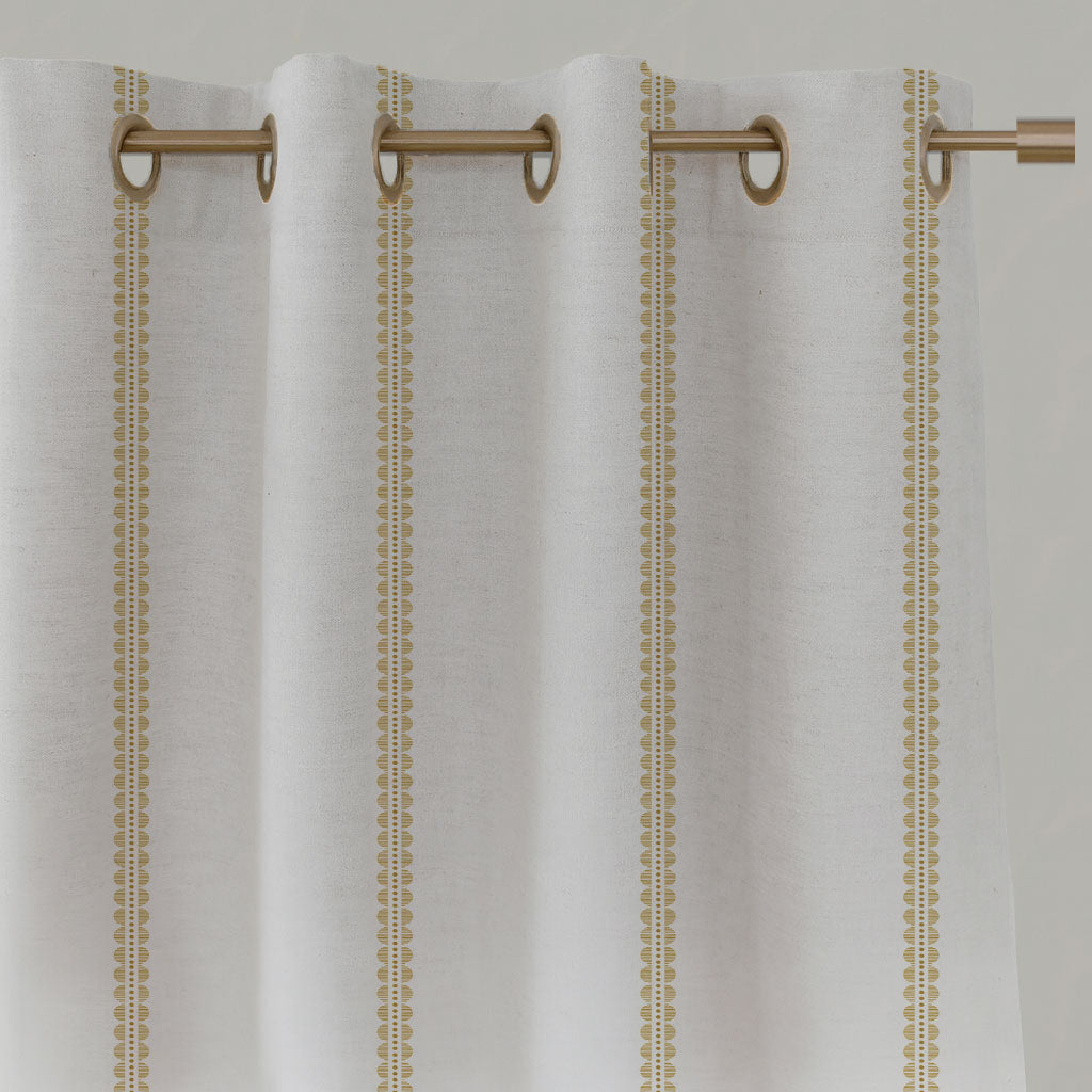 Yellow Striped Linen Eyelet Curtains - Imogen Gold Rod - White base fabric.