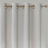 Green Striped Linen Eyelet Curtains - Imogen Moss - White base fabric.