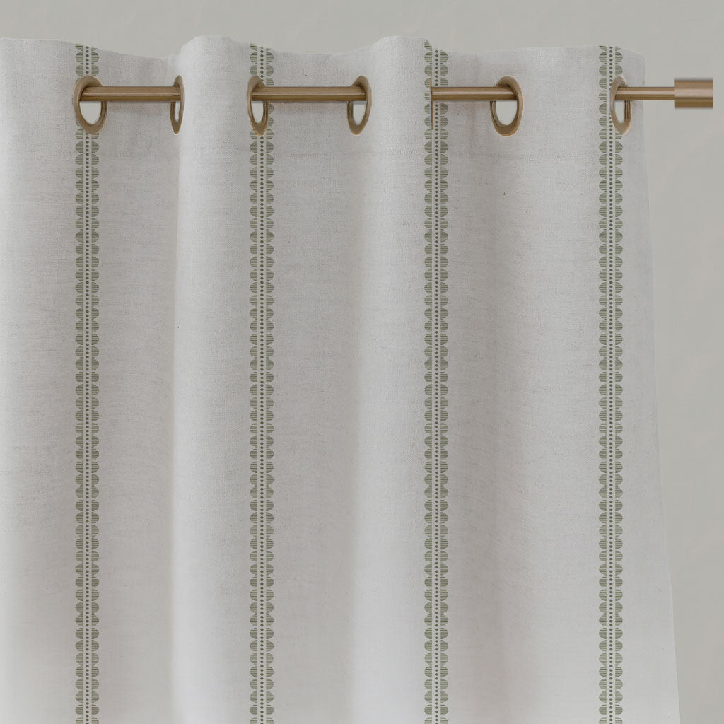 Green Striped Linen Eyelet Curtains - Imogen Moss - White base fabric.