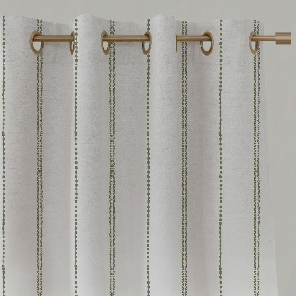 Green Striped Linen Eyelet Curtains - Inga Moss - White base fabric.